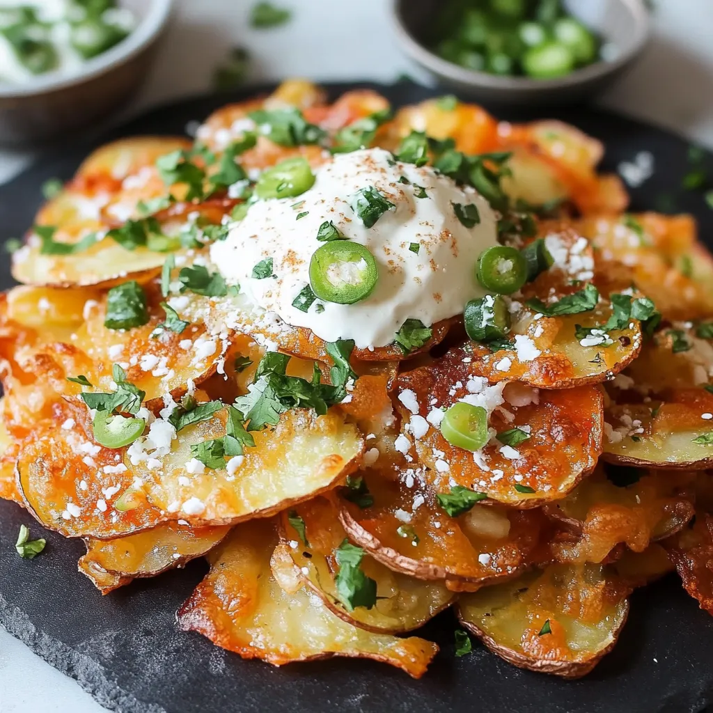 Crispy potato slices with fresh toppings and sour cream on a plate.