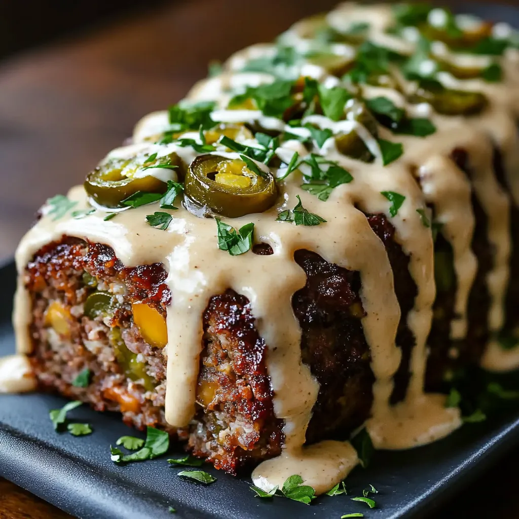 A meatloaf topped with a creamy white sauce and sprinkled with green garnish.