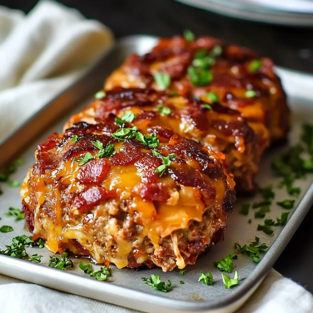 Crispy bacon-topped meatloaf portions on a metal tray.