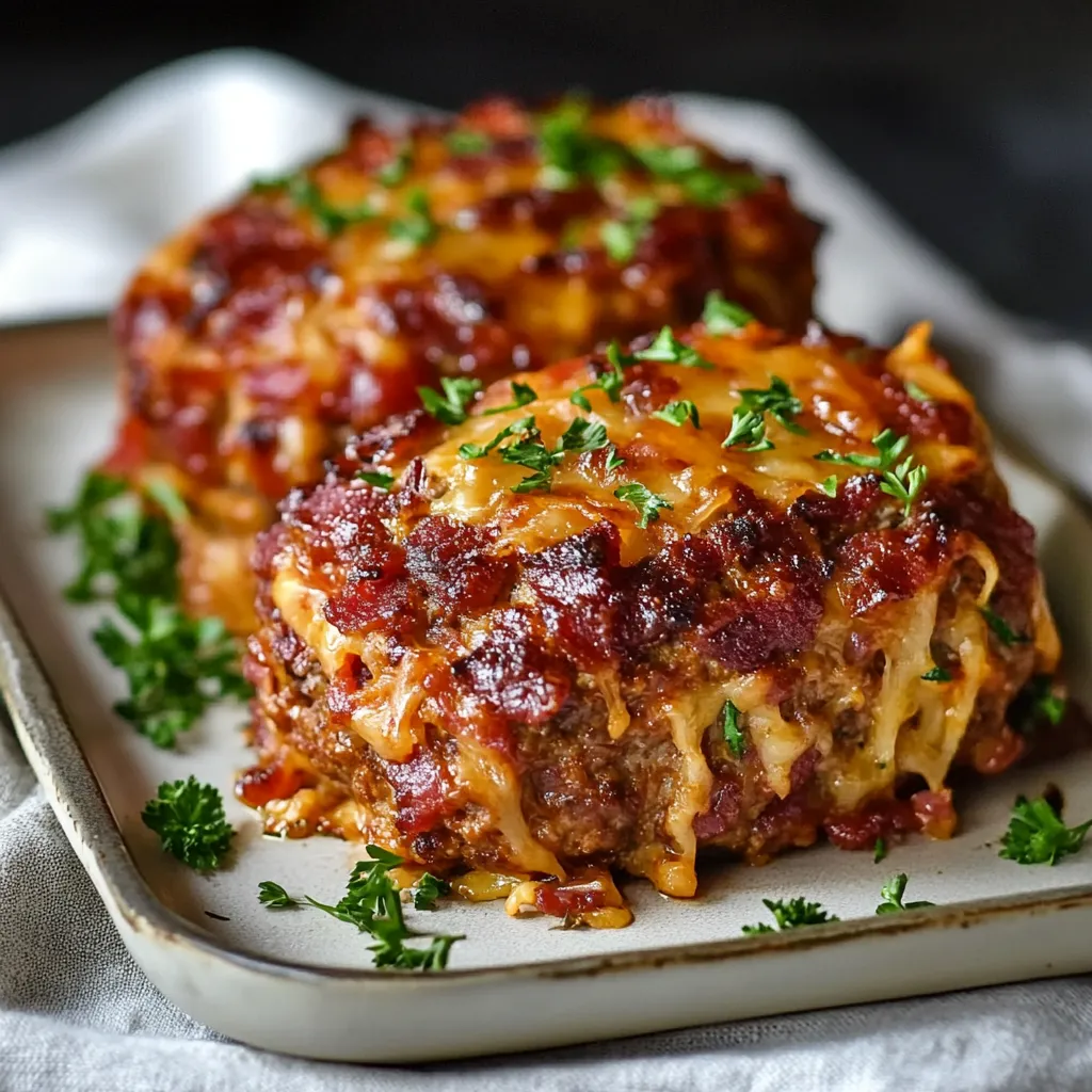 Two pieces of meat with cheese and herbs on a plate.