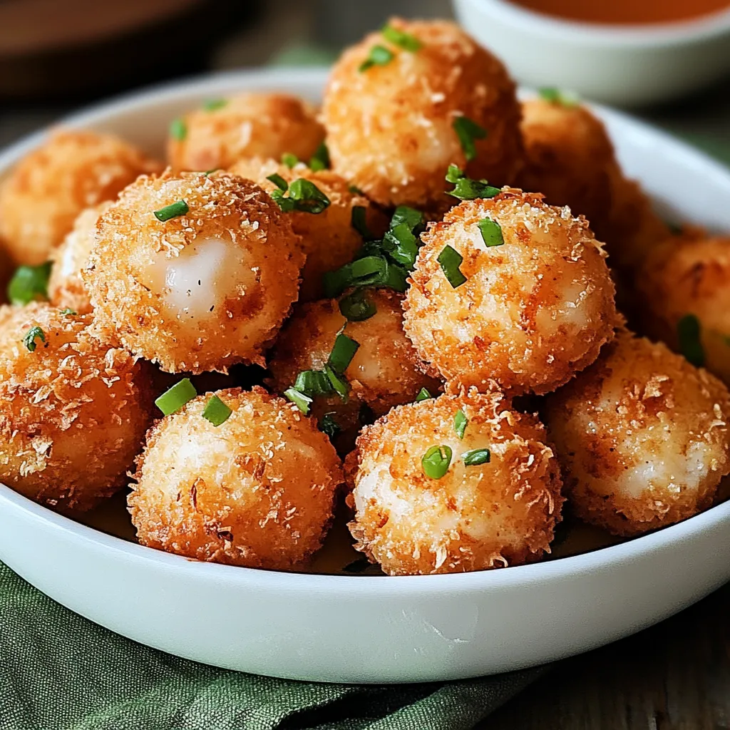 A serving bowl filled with crispy shrimp balls garnished with green onions.