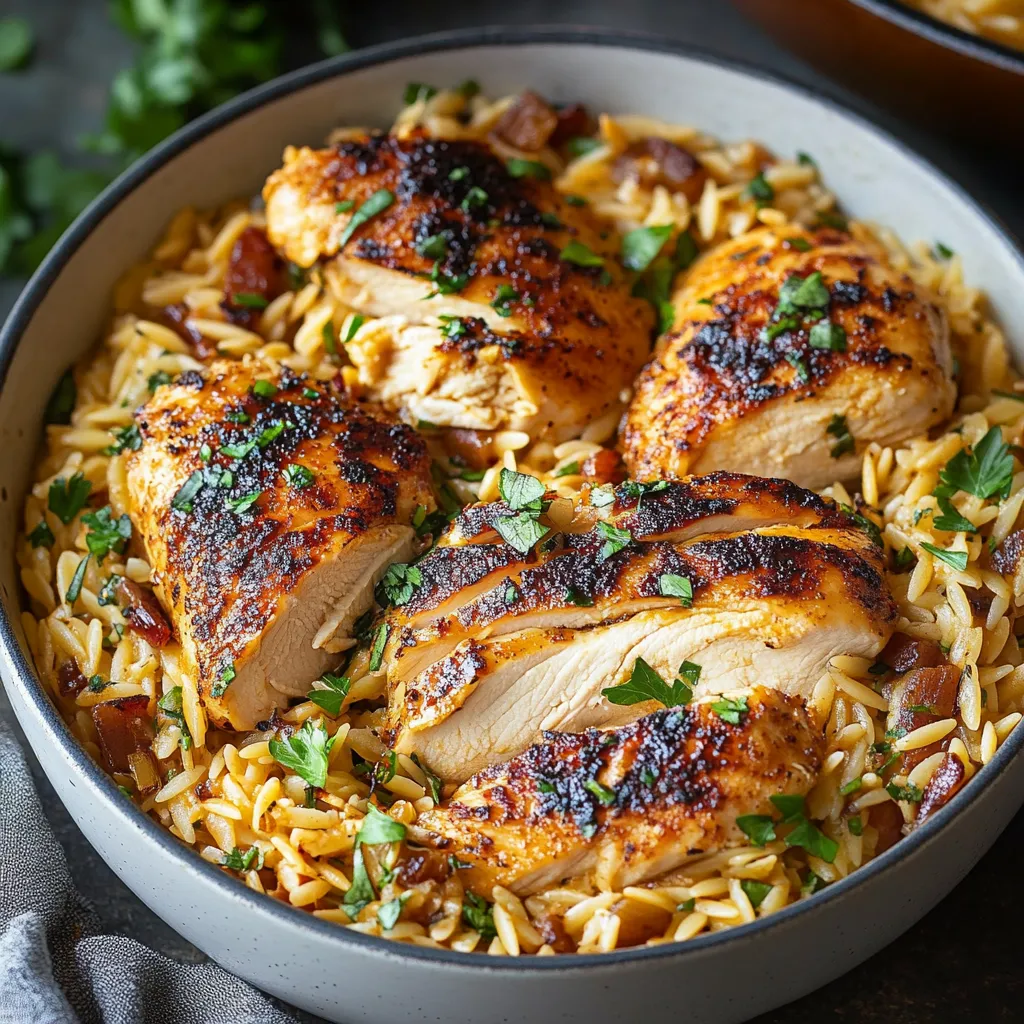 A bowl of chicken, orzo, and fresh green garnish.
