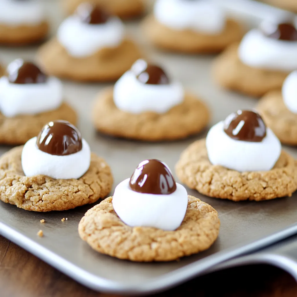 Cookies topped with marshmallow and chocolate, arranged on a tray.
