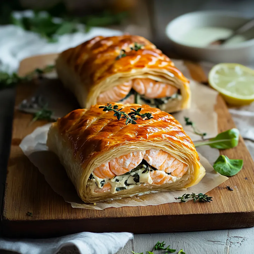 Golden pastry wrapped salmon with a spinach filling.