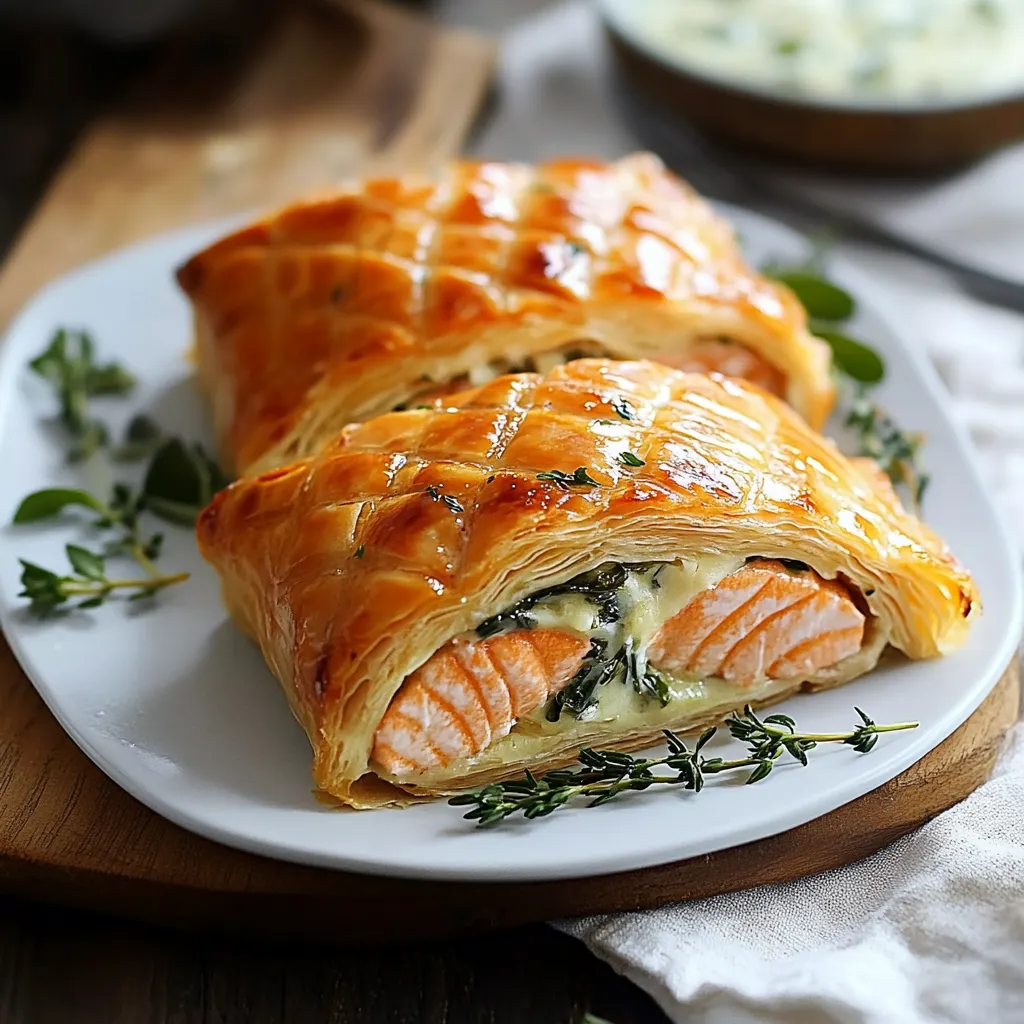 Two pieces of fish wrapped in pastry.
