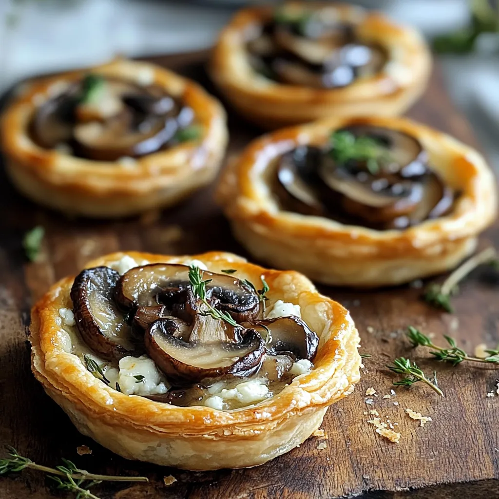 Close-up view of flaky pastry filled with mushrooms and cheese.