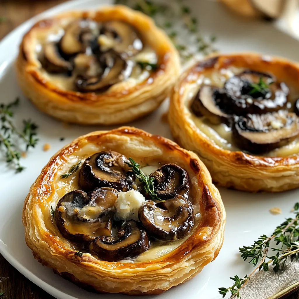 Two mushroom and cheese pastries on a plate.