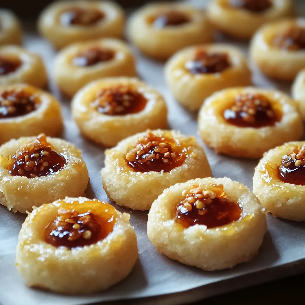 Cookies topped with jelly on a tray.