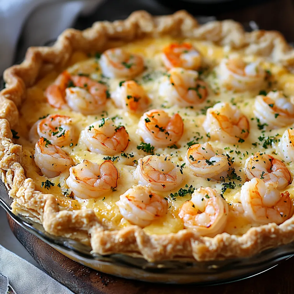 A golden pie with cheese and shrimp.