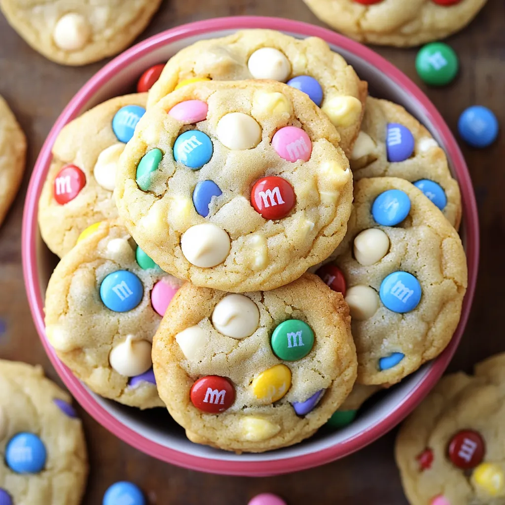 A plate of colorful cookies with M&Ms on top.