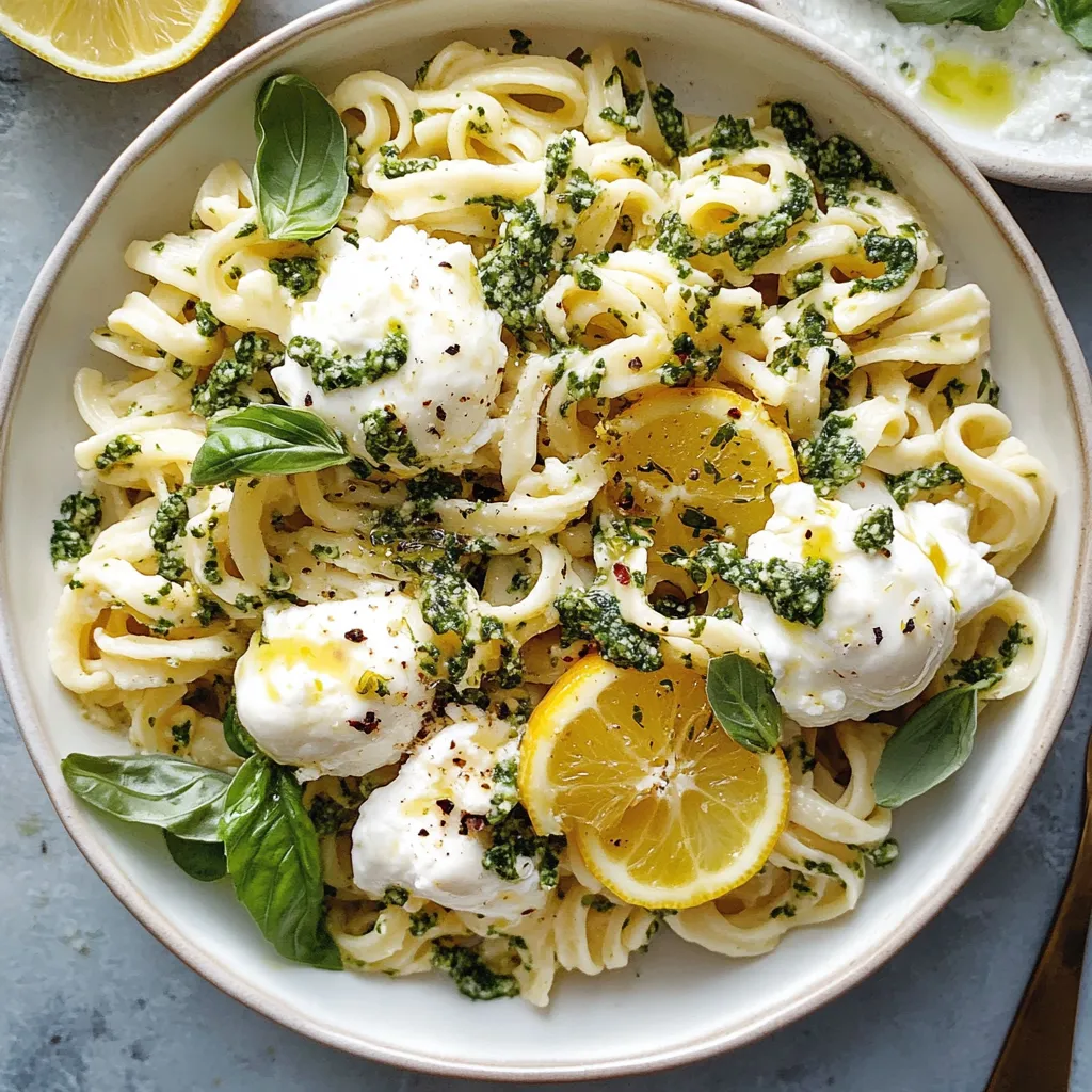 A spread of pasta with creamy burrata and lemon zest.