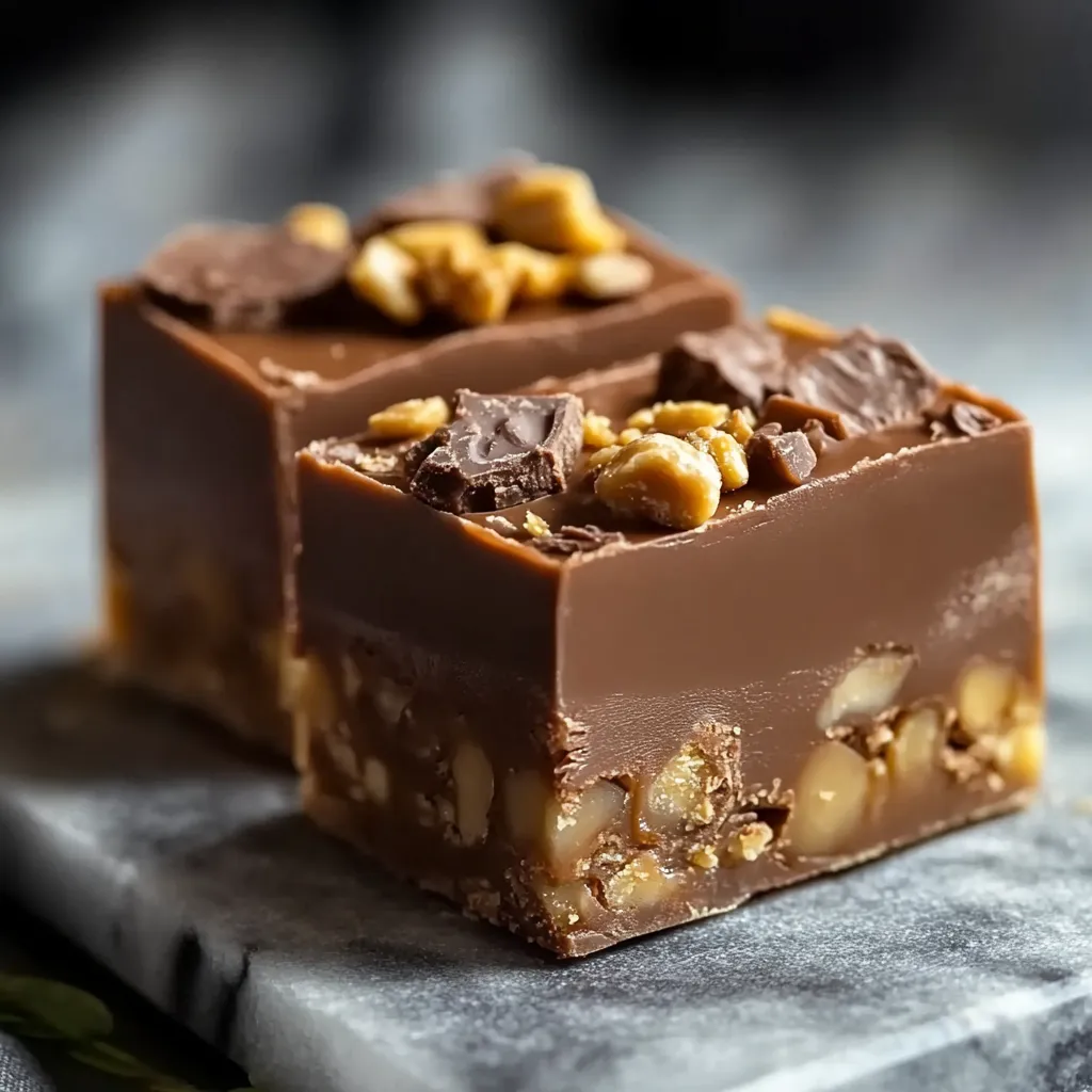 A square of chocolate stuffed with peanut butter and nuts.