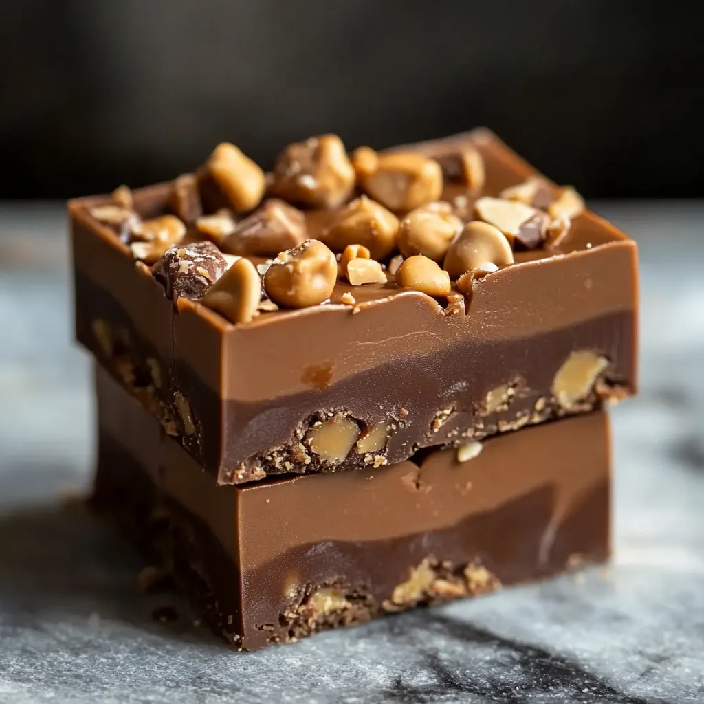 A square of chocolate cake with nuts on top.