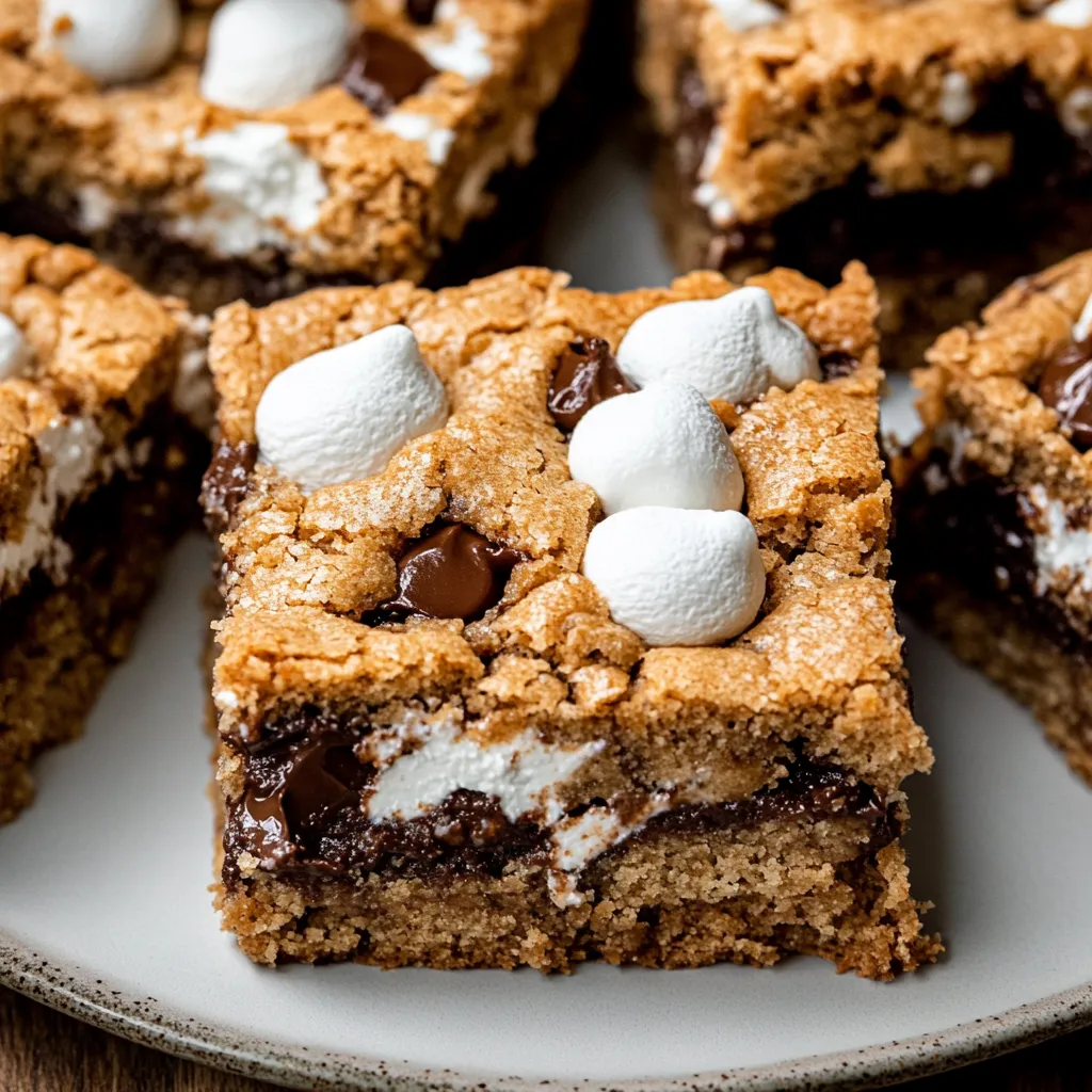 A plate of brownies with marshmallows on top.