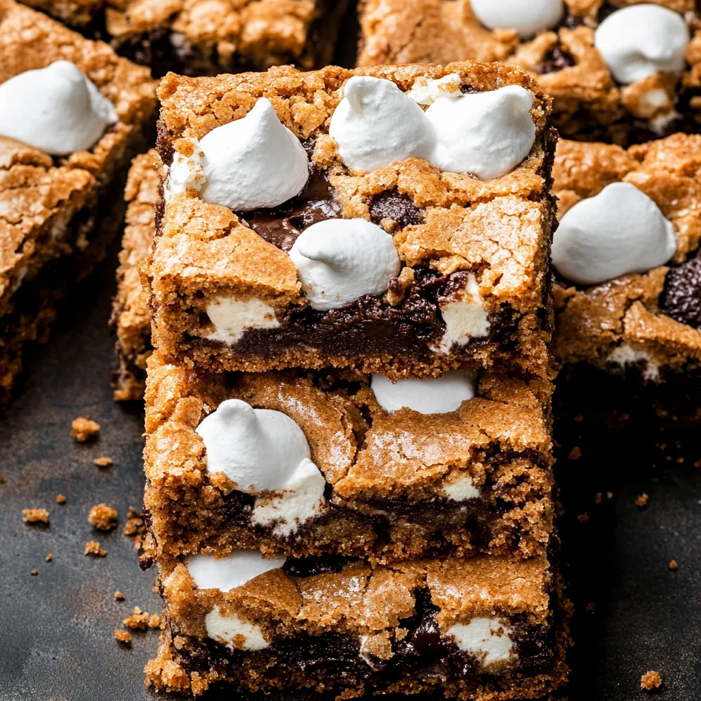 A square of chocolate cake with white icing and marshmallows.