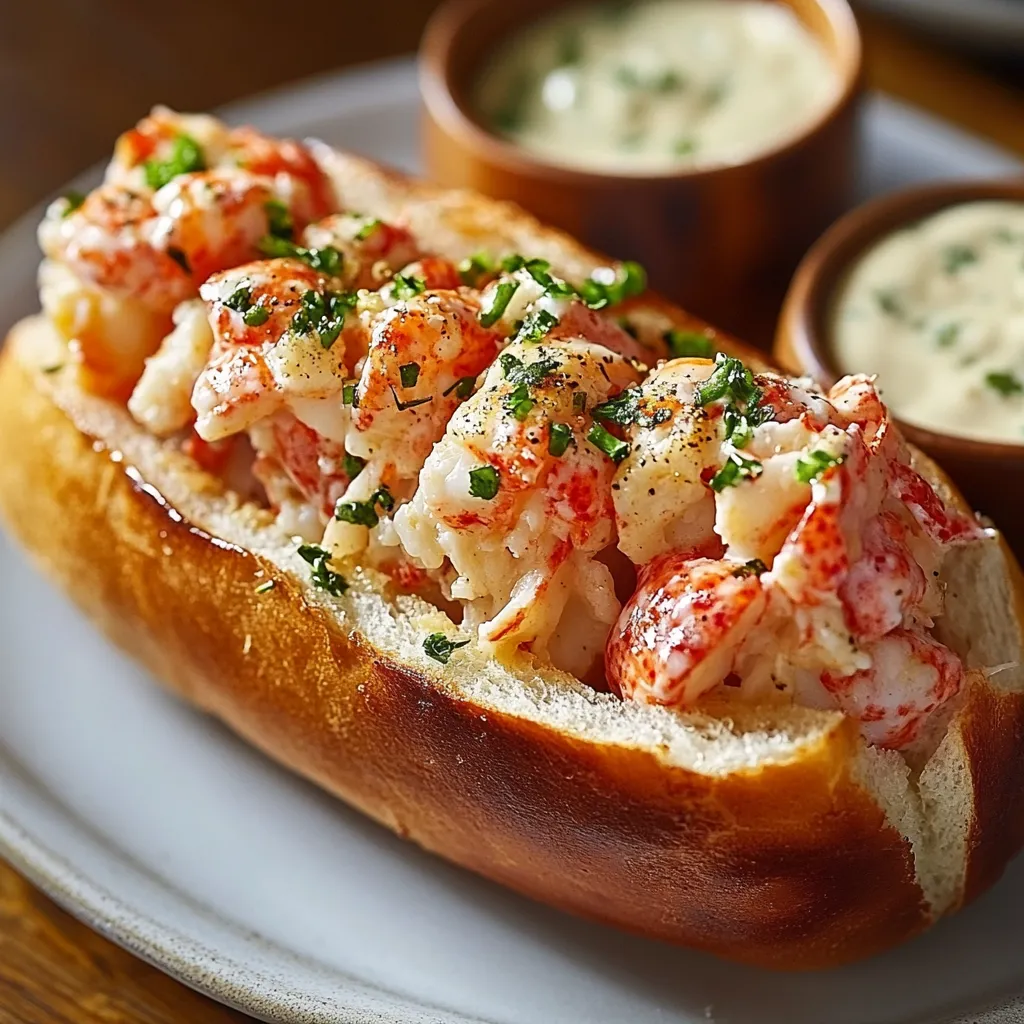 A lobster sandwich with a side of sauce.