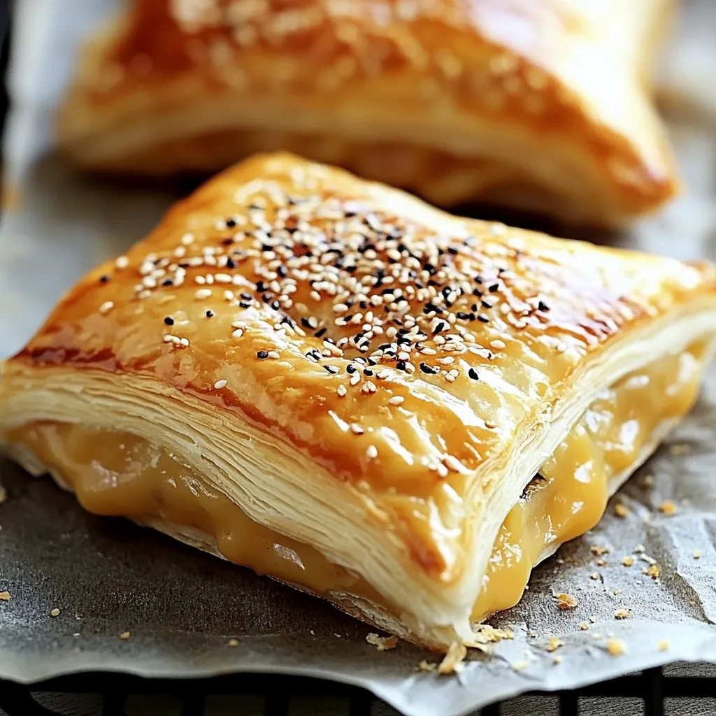 Two flaky pastries topped with seeds.