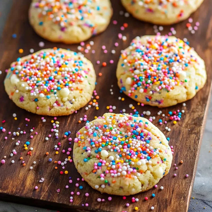 A bunch of colorful sprinkle-loaded cookies on a plate.