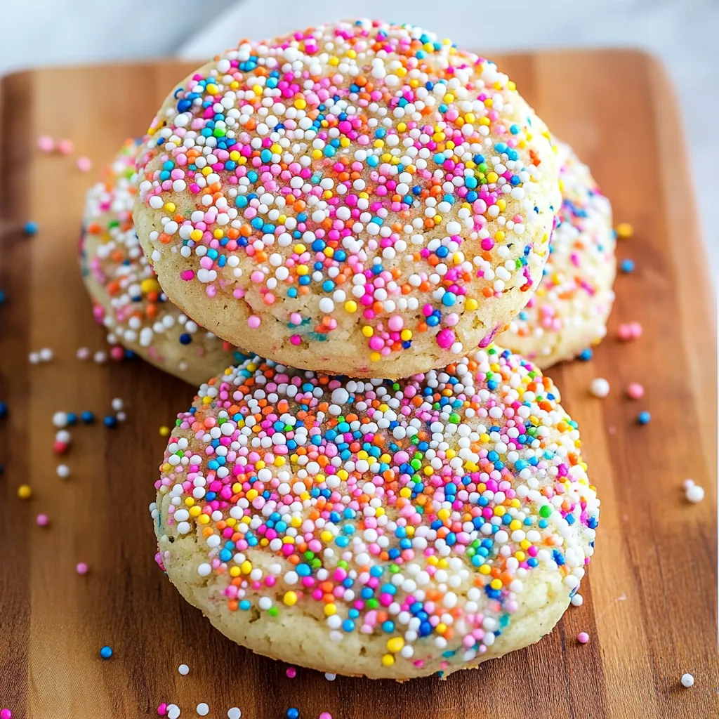Two cookies with sprinkles on a wooden board.