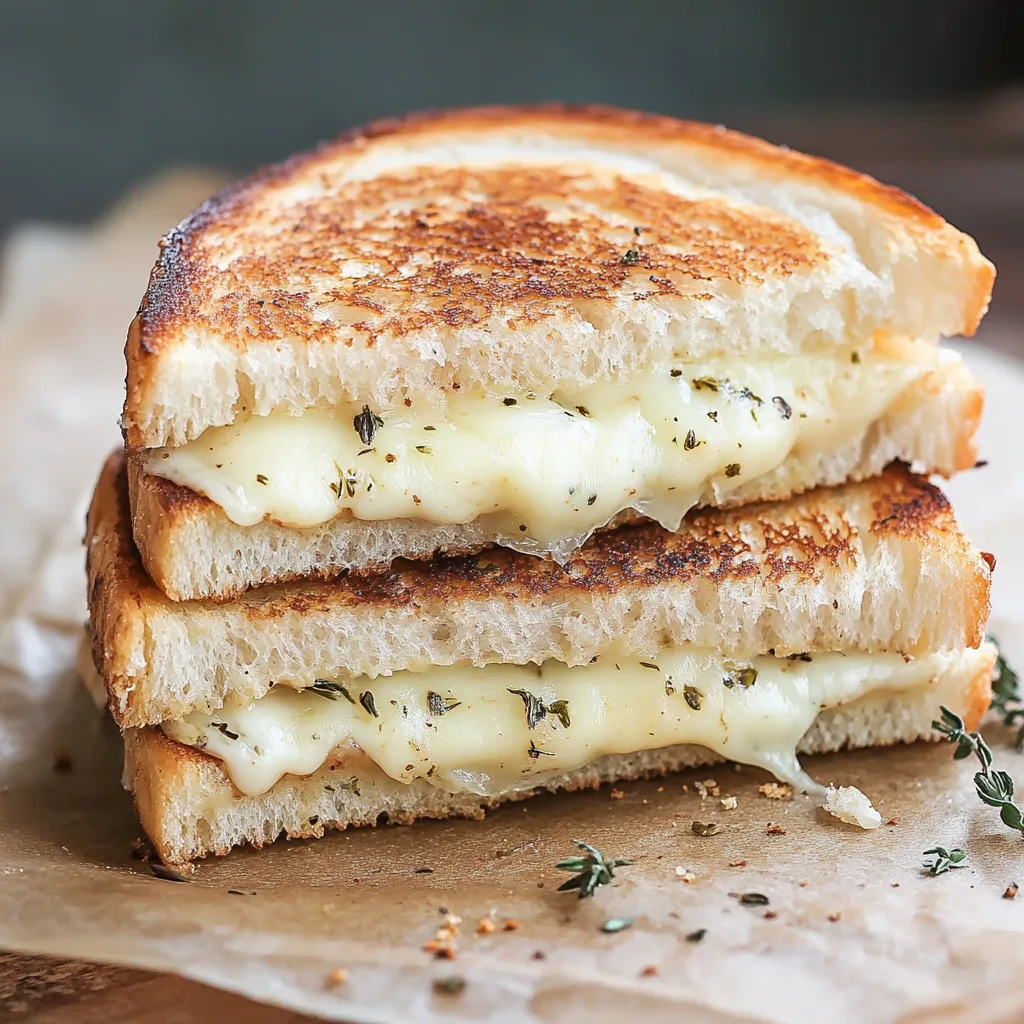 Melted cheese sandwich with herbs on a napkin.