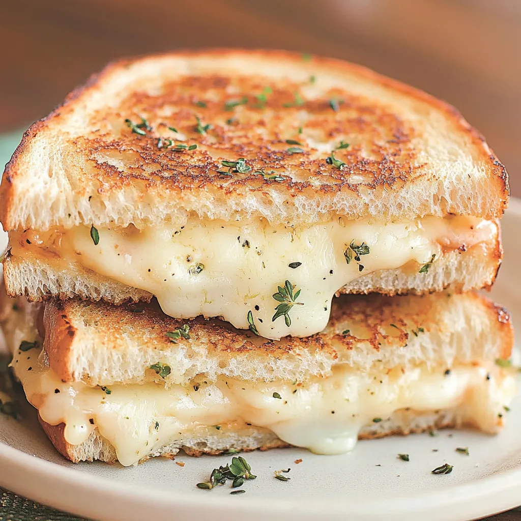 Two grilled cheese sandwiches stacked on a plate.