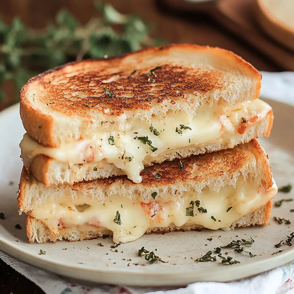 Two grilled cheese sandwiches on a plate.