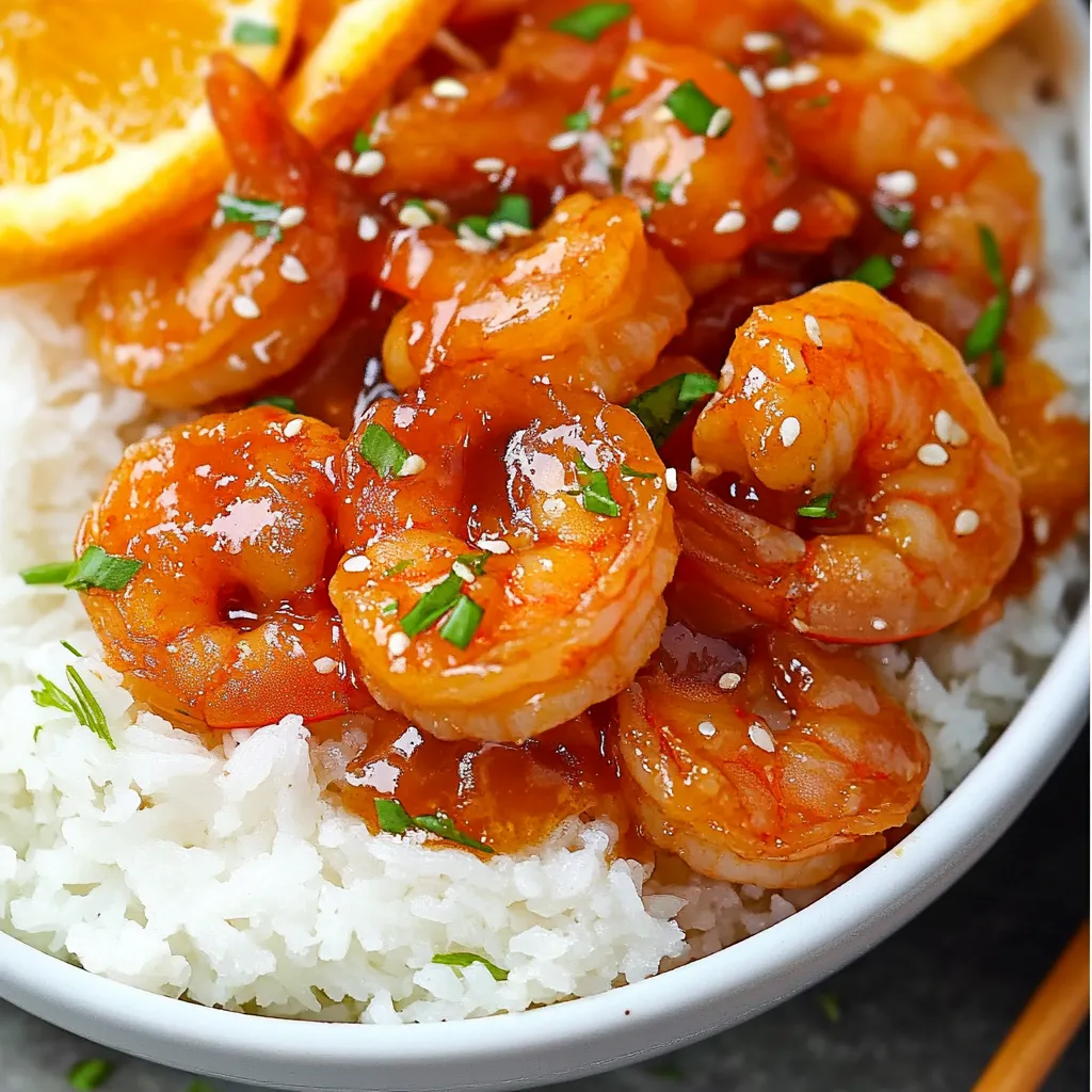 A bowl of shrimp and rice topped with an orange slice.