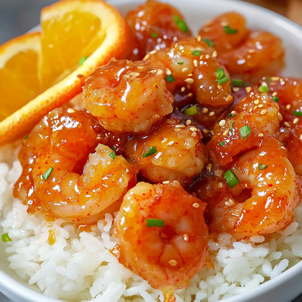 A bowl of shrimp and rice with a slice of orange on top.
