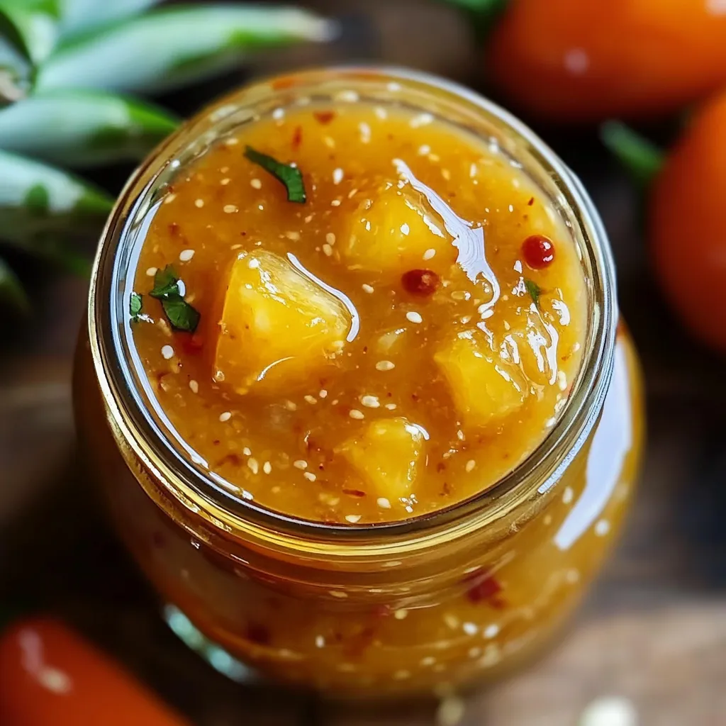 Jar of pineapple sauce with a spoon inside.