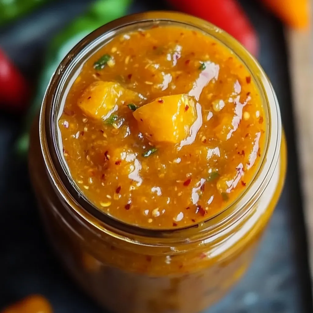 A jar of sauce with a spoon in it.