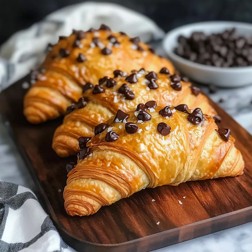 Two croissants with chocolate chips on a wooden cutting board.