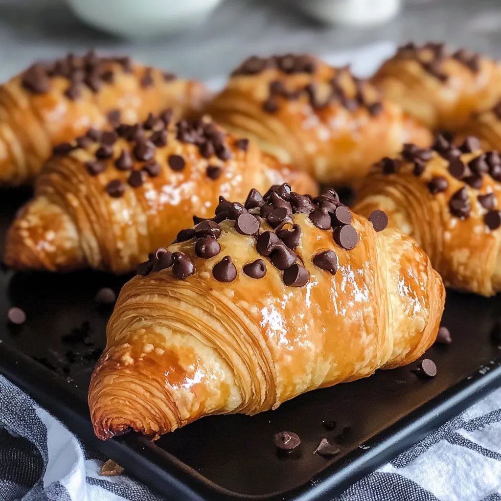 A plate of croissants with chocolate chips on top.