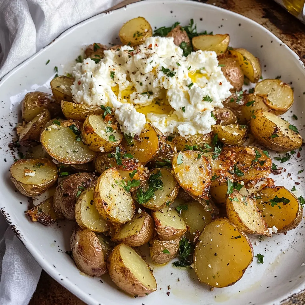 Golden potatoes with whipped feta and fresh herbs on a plate.