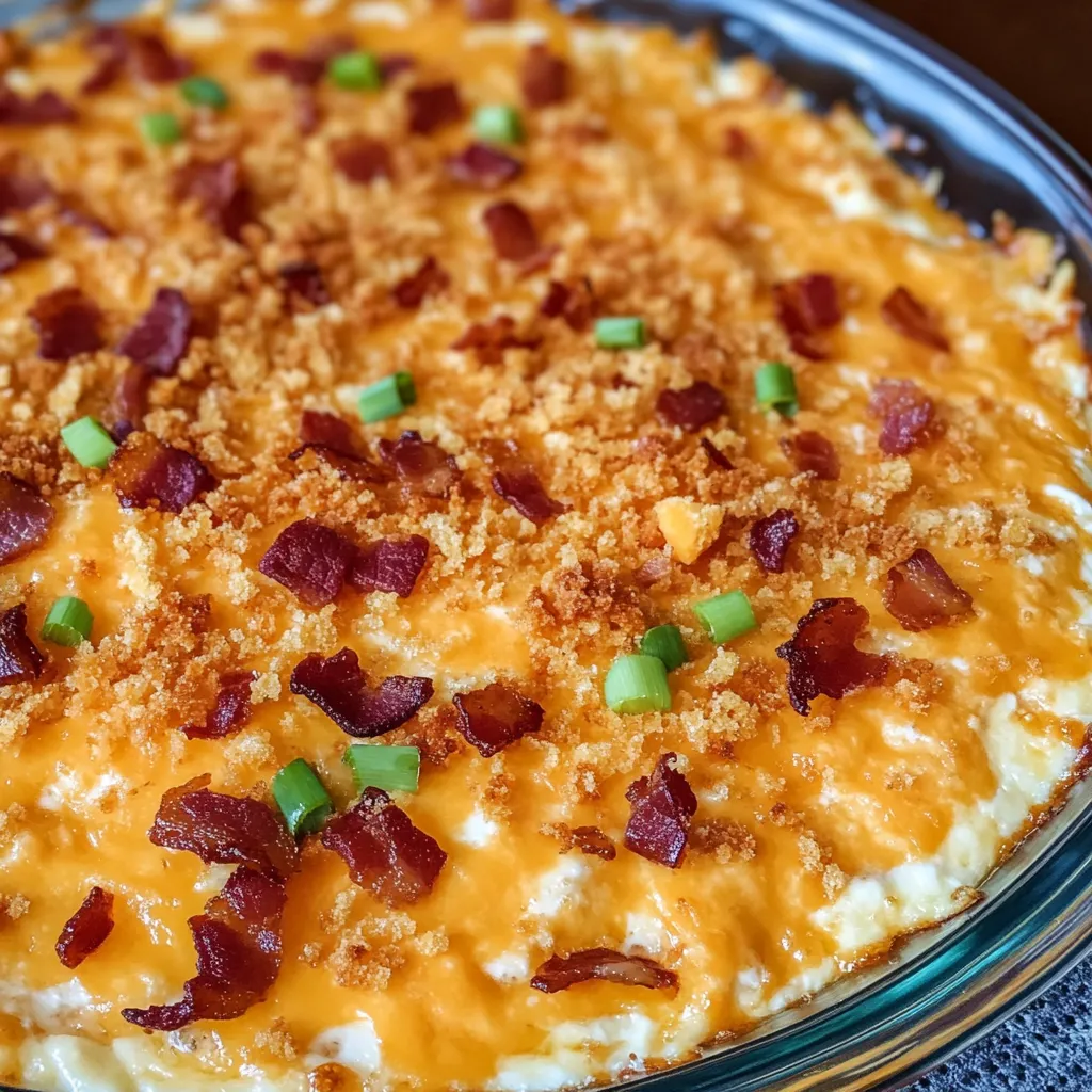 A baked dish with glazed cheese and bacon.