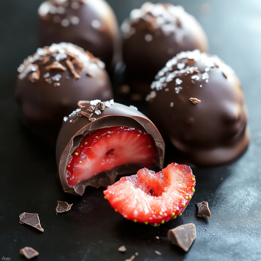 Strawberries dipped in chocolate with a slice showing the inside.