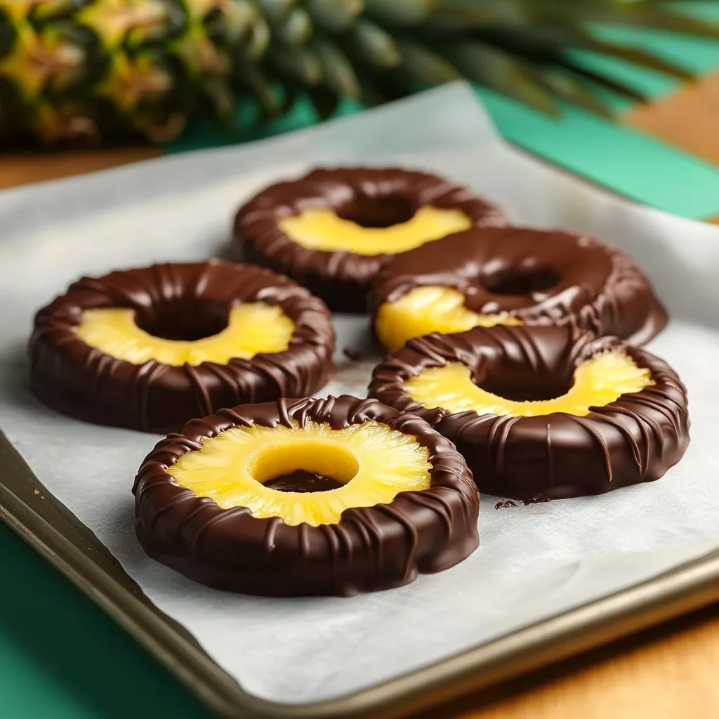 A platter full of pineapple chunks dipped in chocolate.