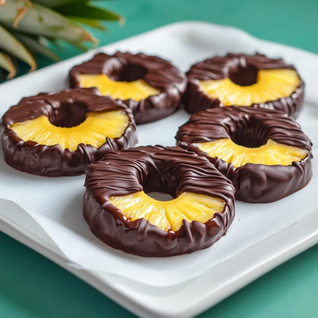 A plate of chocolate covered pineapple slices.