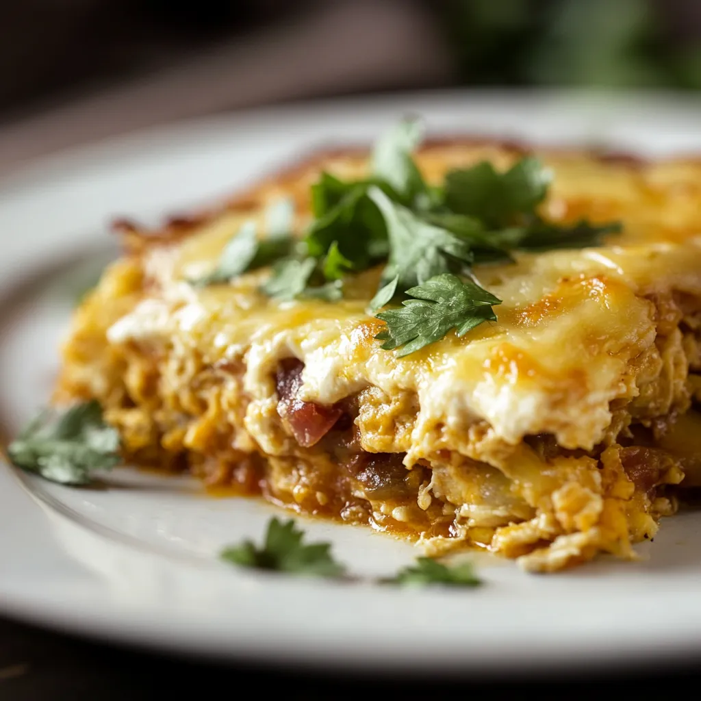 A slice of cheesy lasagna with green herbs on top.