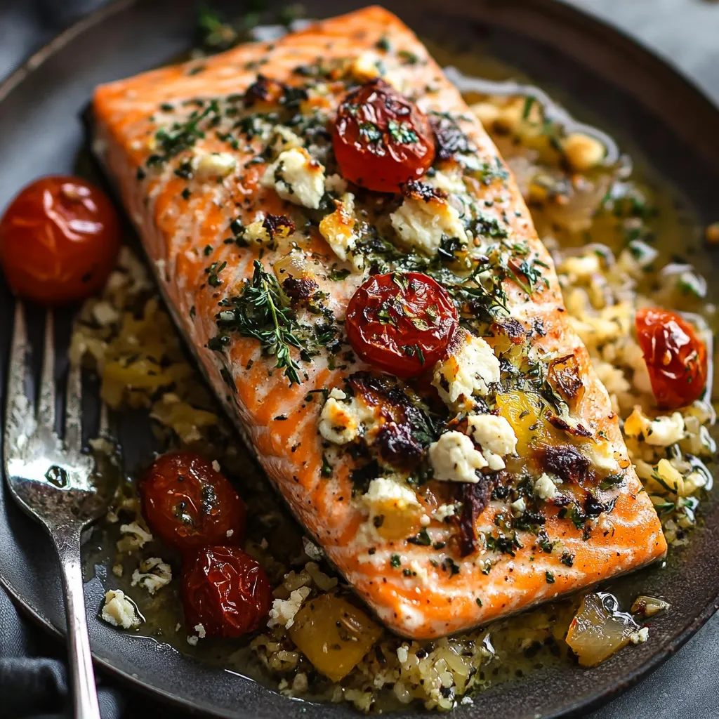 A plate of food with a salmon fillet and tomatoes.