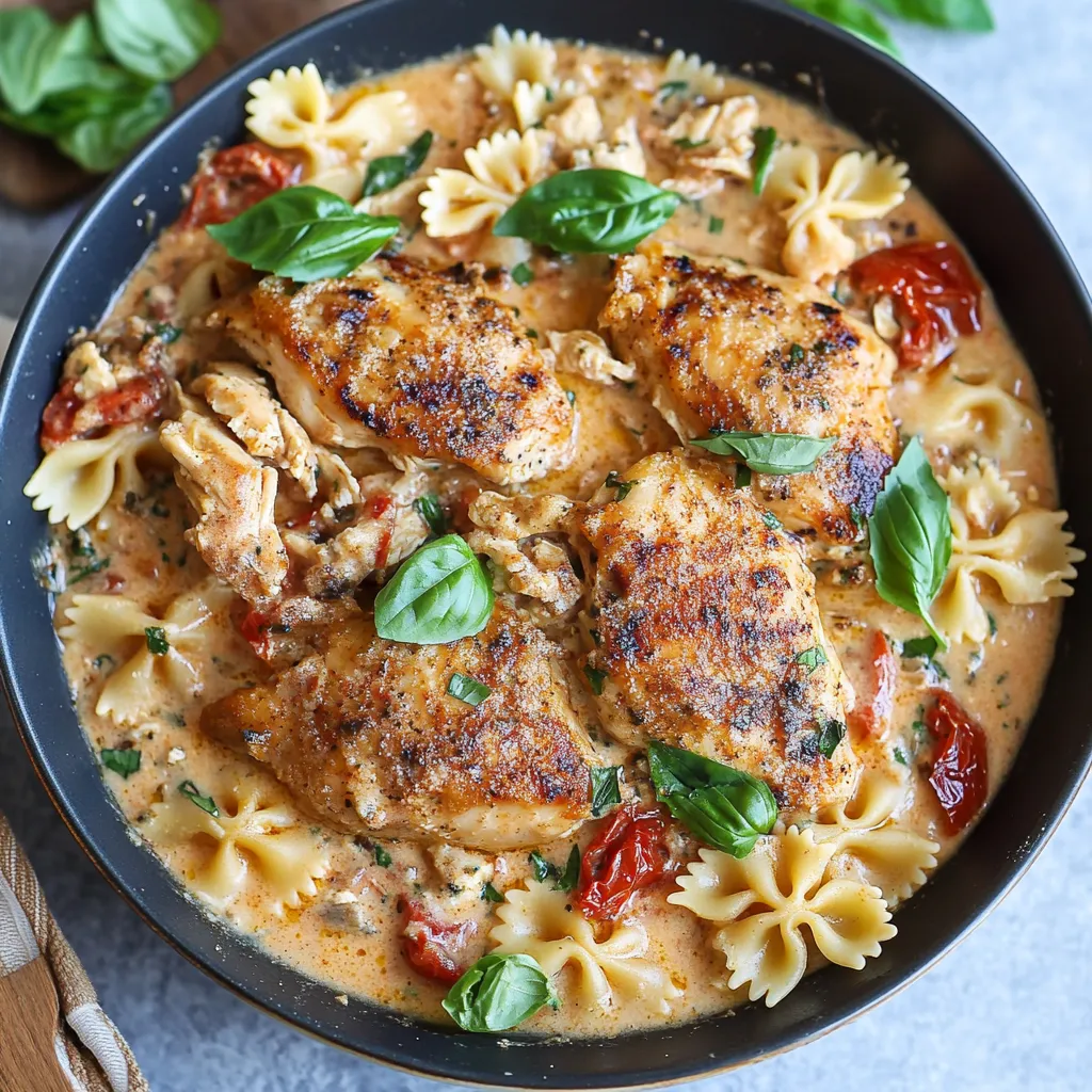 Plate of creamy pasta with chicken, spinach, and sundried tomato.