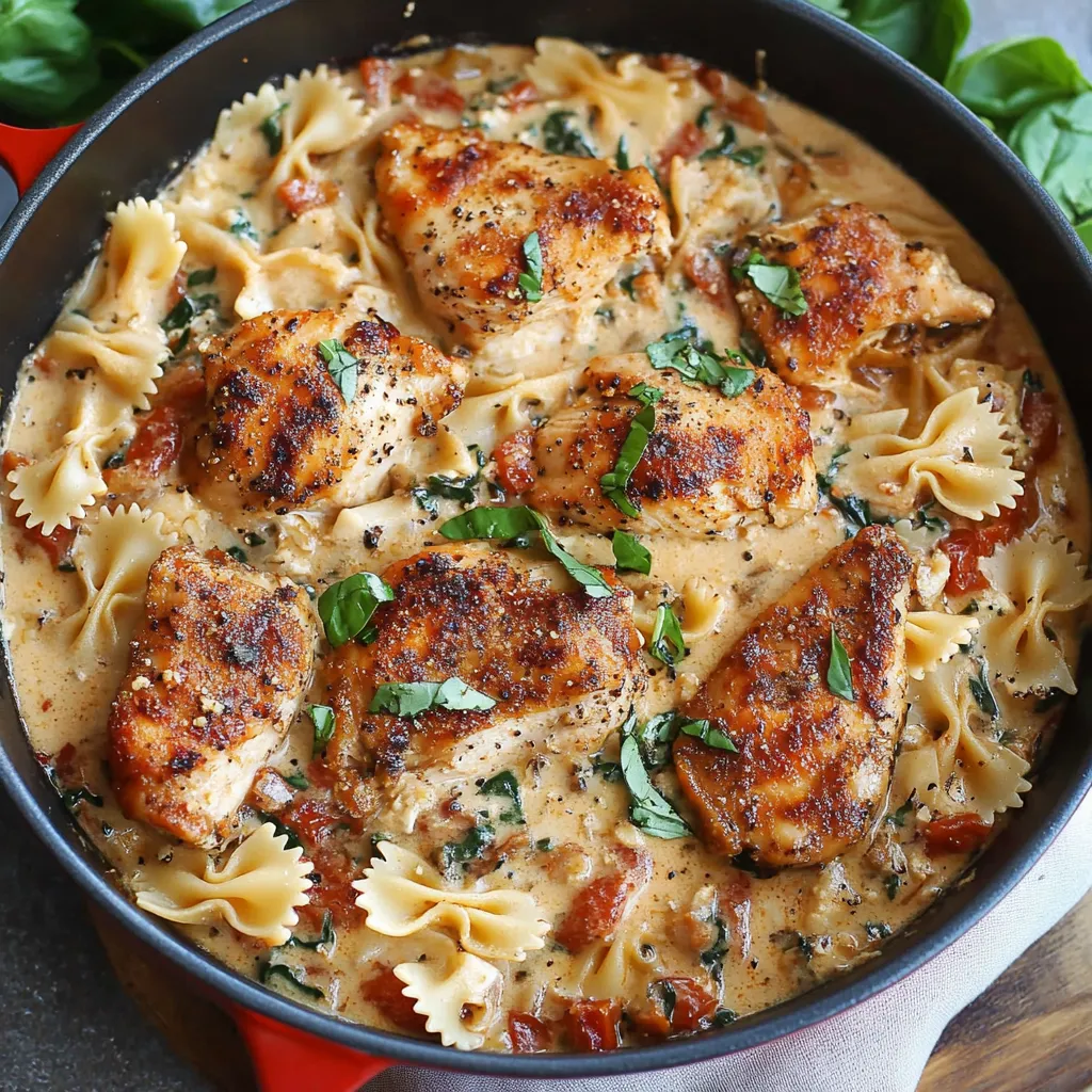 A bowl of pasta featuring chicken chunks and tomatoes.