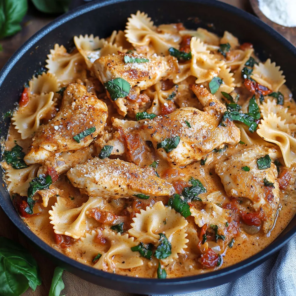 A pasta bowl with chicken pieces and colorful vegetables.