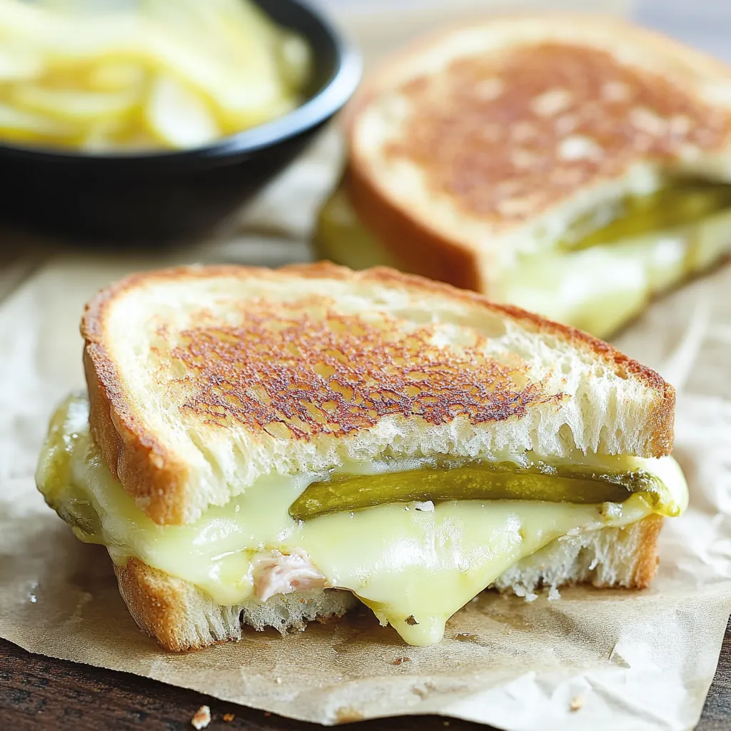 Golden toasted sandwich with pickles and melted cheese.