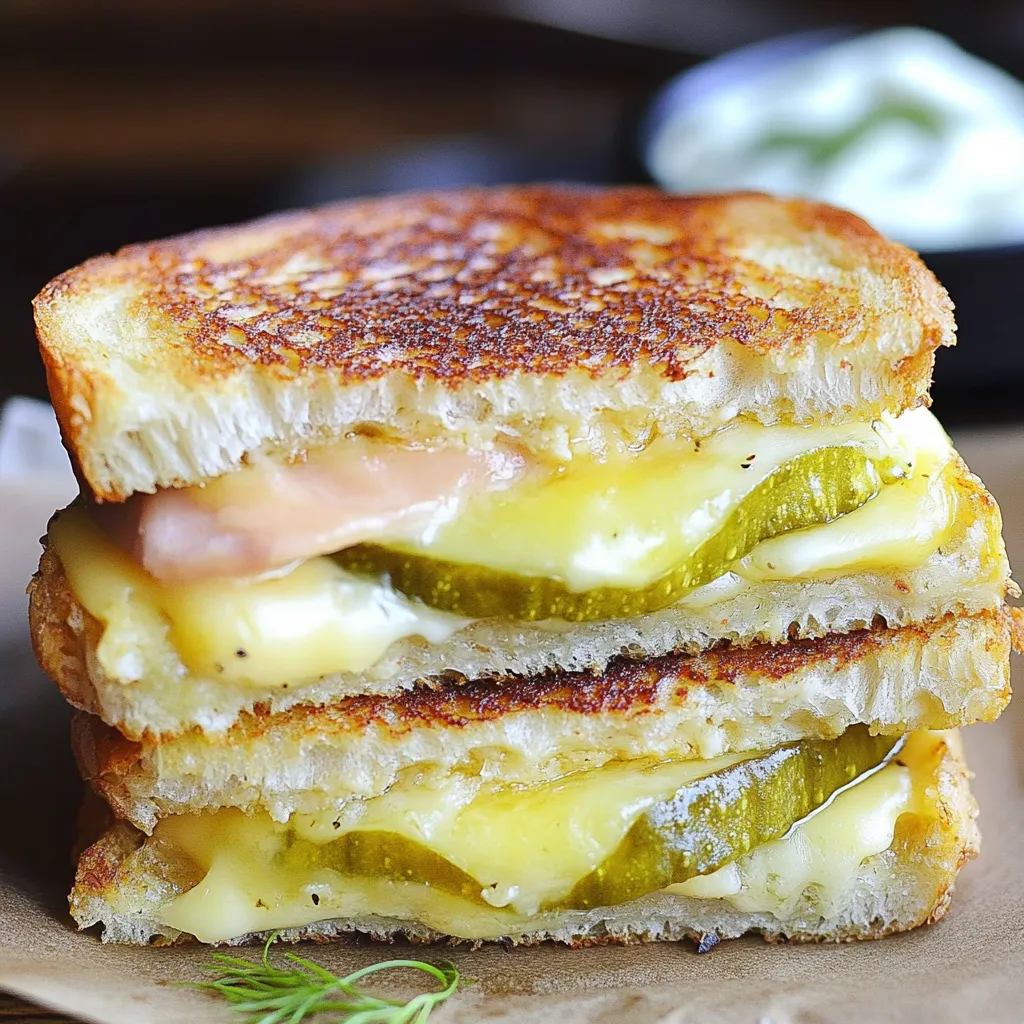 A sandwich with cheese and pickles.