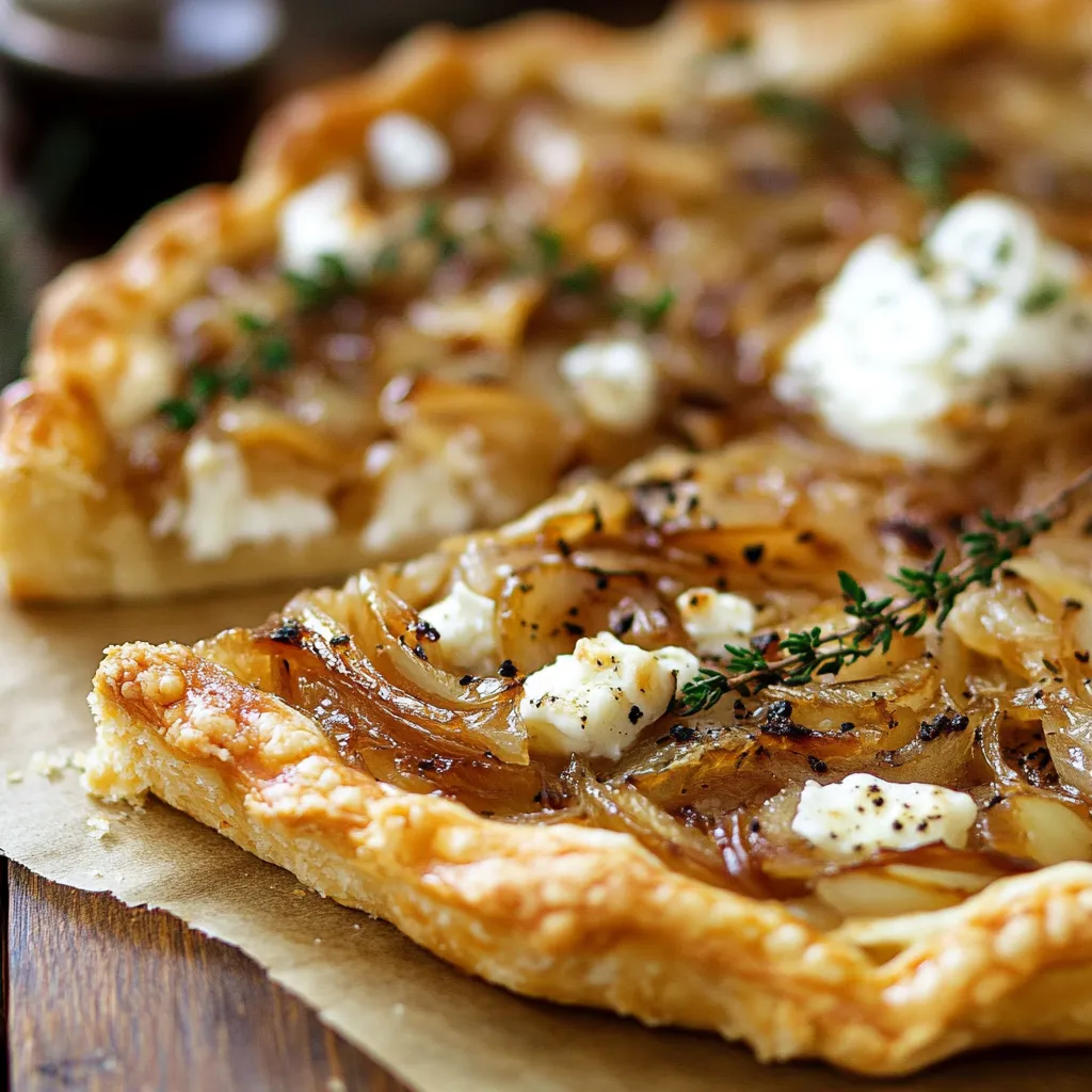 A crispy pastry topped with onions and cheese.