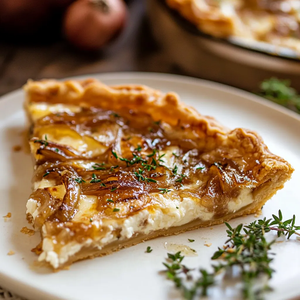 A slice of pie with onions on a plate.