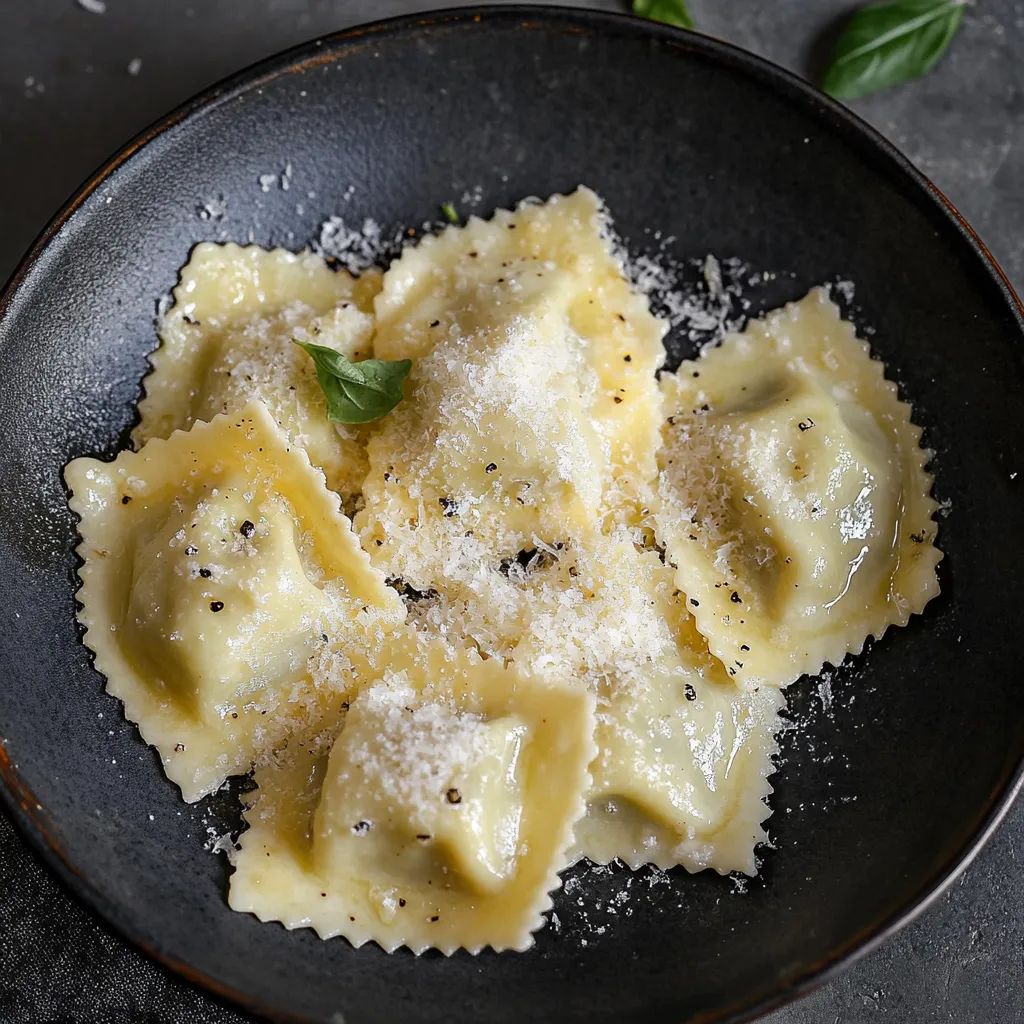 Cheesy pasta topped with herbs on a plate.