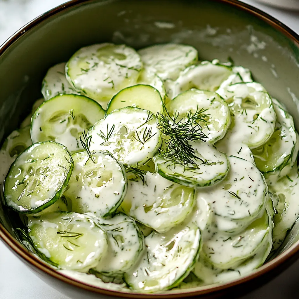 A bowl of sliced cucumbers with creamy dressing.