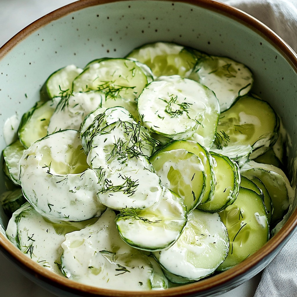 A bowl of cucumbers with a white sauce.