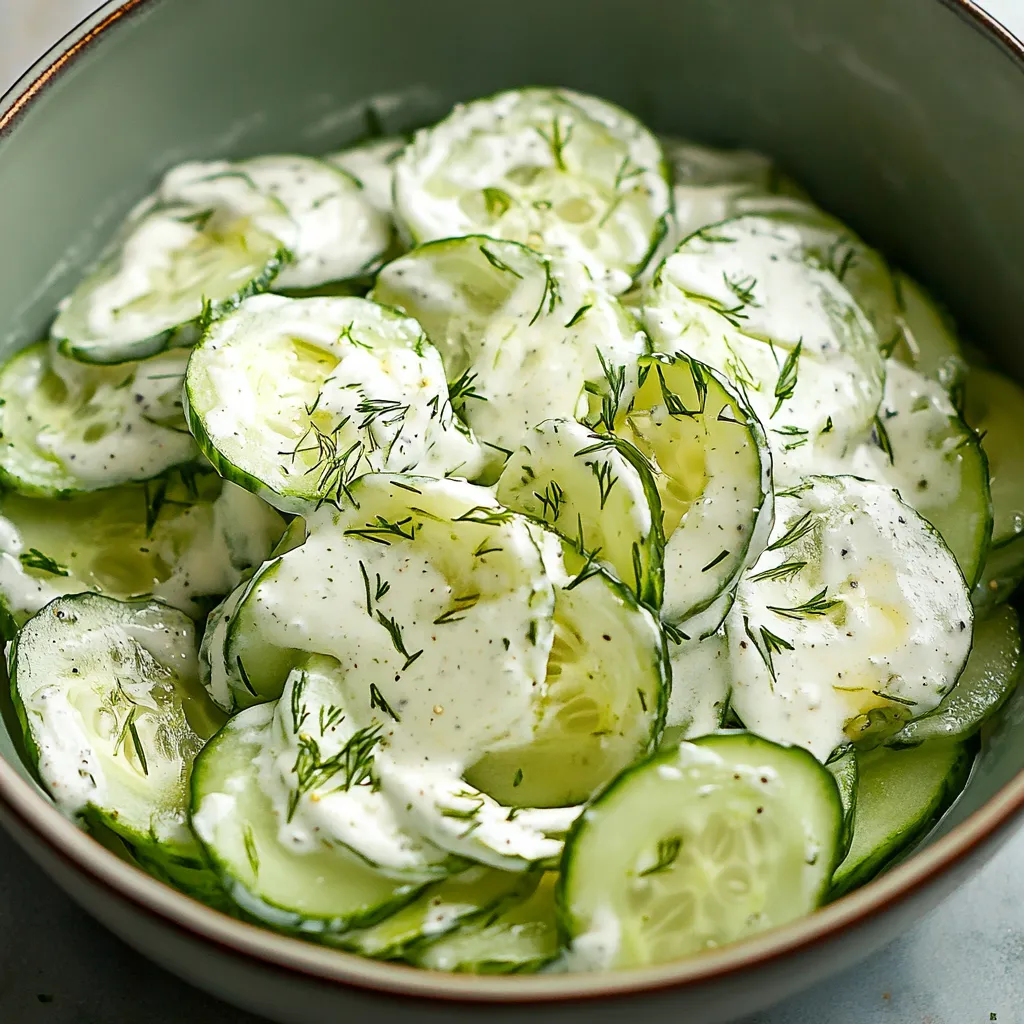 A bowl of cucumbers with a white sauce.